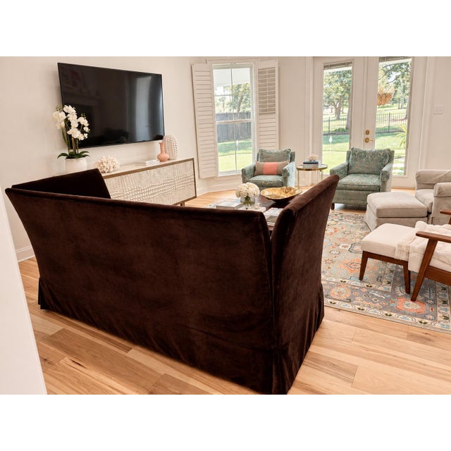 Traditional Lee Industries 3900-03 Ridge Chocolate Velvet Bench Seat Sofa With 100% Silk Bolster Pillows-Excellent Condition! For Sale - Image 3 of 10