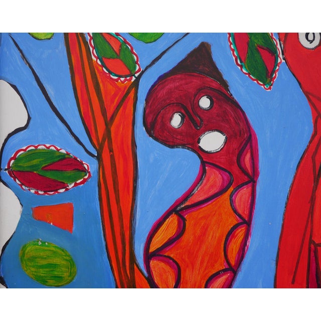 Richard Antilhomme Red & Blue Abstract Figurative Painting with Four Figures and Botanical Elements, Late 20th Century For Sale - Image 12 of 12