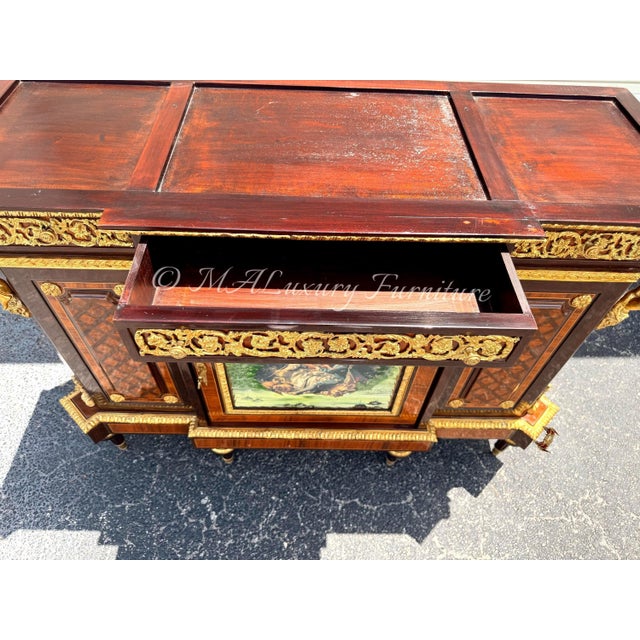 Vintage Marquetry French Cabinet with Ormolu Mounts Marble top For Sale - Image 9 of 10