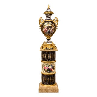 Opulent French-Style Black Porcelain Vase & Marble Pedestal – Gilded Bronze and Gold Leaf Details For Sale