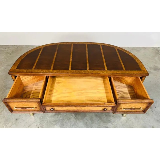 Vintage Regency Henredon Style Walnut, Burlwood and Brass Demilune Writing Desk For Sale - Image 9 of 9