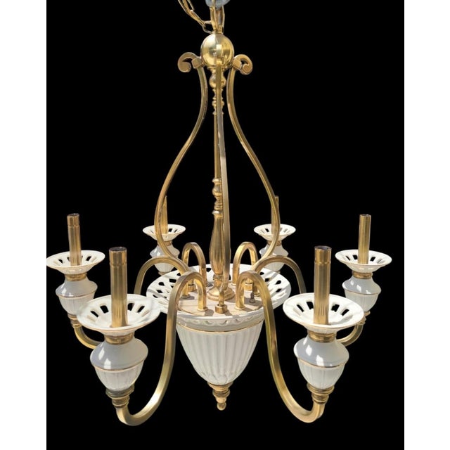 Vintage Lenox Porcelain Brass Large 6 Light Traditional Chandelier For Sale - Image 11 of 14