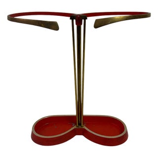 Vintage Brass and Red Metal Umbrella Stand, 1950s For Sale