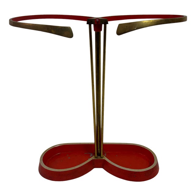 Vintage Brass and Red Metal Umbrella Stand, 1950s For Sale