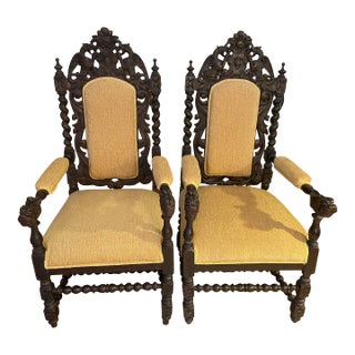 XIXth Century Reproduction of Two Flemish Carved Oak Dinning Chairs For Sale