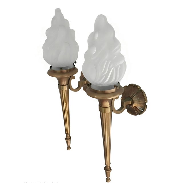 Art Deco Vintage Art Deco Mashaal Light Old Lamp Wall Sconces Fixture Brass & Frosted Mashaal Glass Shade Light - Pair For Sale - Image 3 of 4
