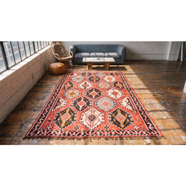 1900s Red Geometric Antique Caucasian Kilim Rug 6'0" X 11'8" Knotted Wool Carpet For Sale - Image 15 of 15