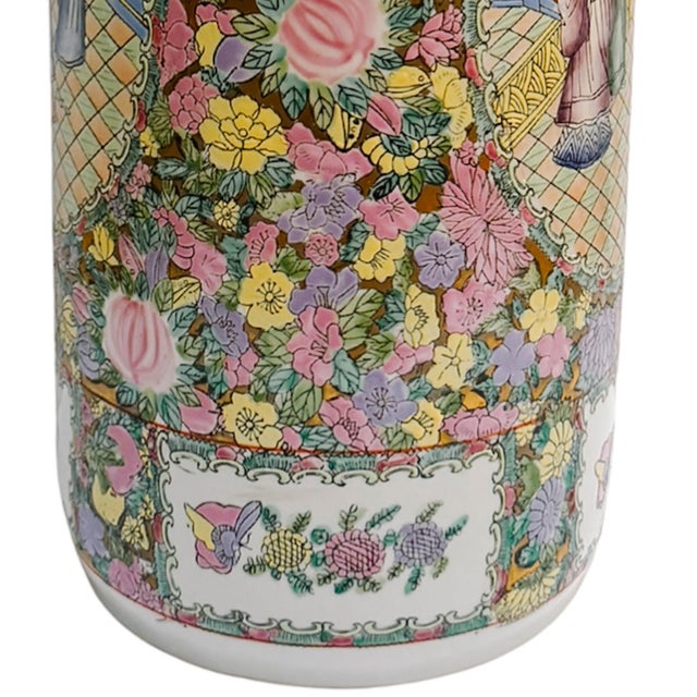 Rose Vintage Hand-Painted Chinoiserie Rose Medallion Floral Umbrella Stand For Sale - Image 8 of 11