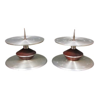 Mid-Century Aluminum & Wood Pricket Candlestick Pair, Scandinavian Modern, 9.75in Diameter For Sale