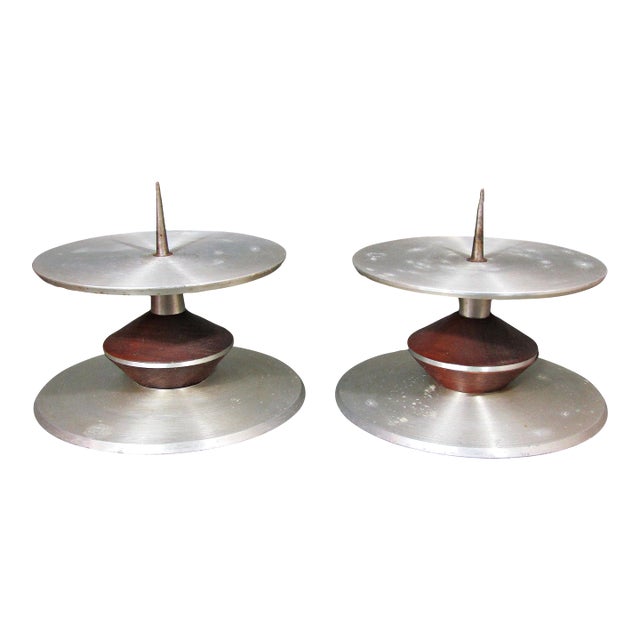 Mid-Century Aluminum & Wood Pricket Candlestick Pair, Scandinavian Modern, 9.75in Diameter For Sale