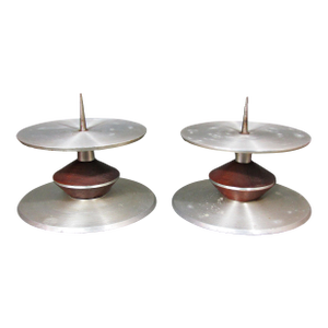 Mid-Century Aluminum & Wood Pricket Candlestick Pair, Scandinavian Modern, 9.75in Diameter