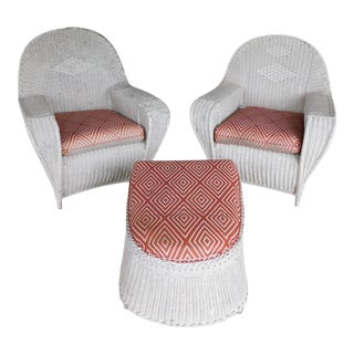 Antique Art Deco Hollywood Regency Wicker Club Chairs & Ottoman - Set of 3 For Sale