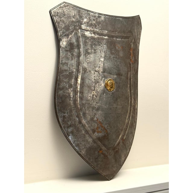 Vintage Medieval Rustic European Brass Medallion & Steel Shield Armor For Sale - Image 4 of 11
