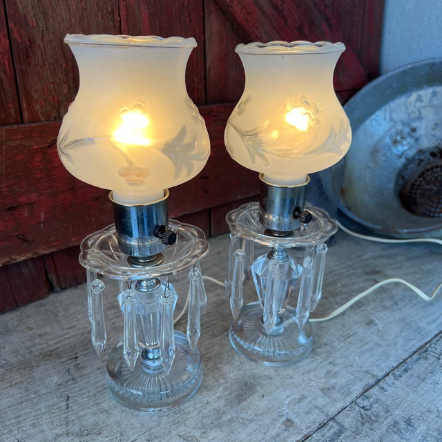 Pair of Vintage Crystal Boudoir Table Lamps With Frosted Floral Glass Shades For Sale - Image 10 of 18