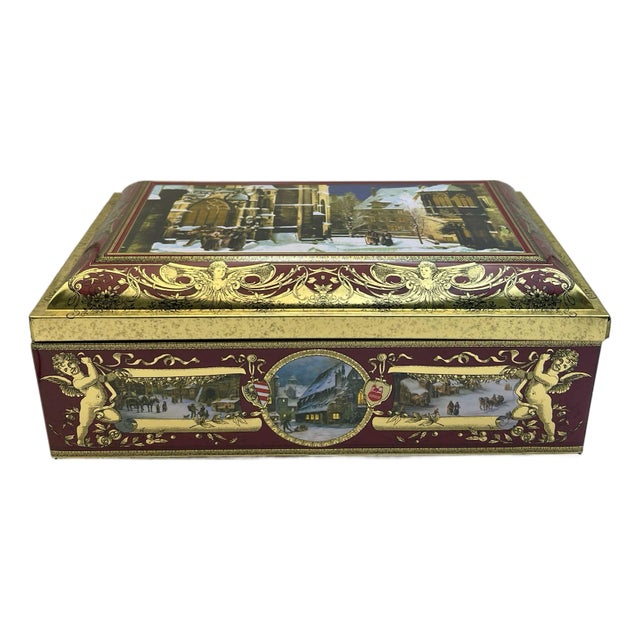Mid 20th Century Red & Gold Schmitt Scenic Tin Box For Sale