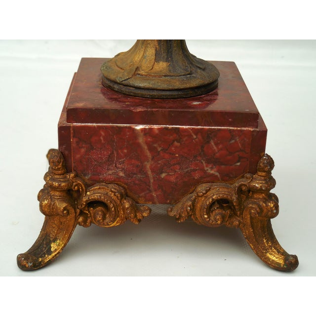Antique Neoclassical Gilt Spelter Urn / Amphora Vase on Red Marble Base For Sale - Image 9 of 9