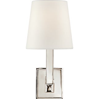 Chapman & Myers for Visual Comfort Signature Square Tube Single Sconce in Polished Nickel with Linen Shade For Sale