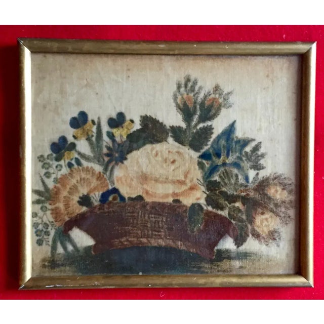 American 19th Century American Theorem Painting on Velvet of a Basket of Flowers in Gilt Wood Frame For Sale - Image 3 of 9