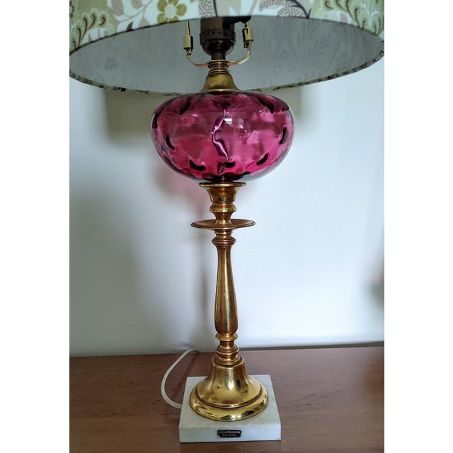 1950s Cranberry Glass and Brass Lamps With Morris Shade - a Pair For Sale In Baltimore - Image 6 of 11