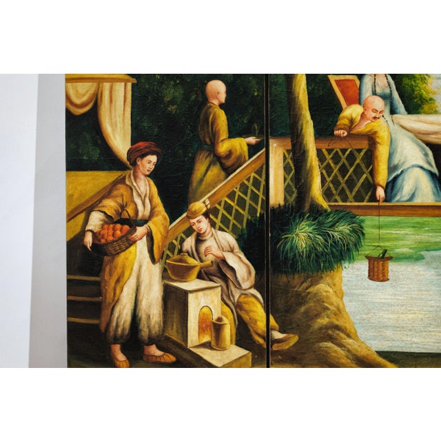 Hand-Painted Four-Panel Chinese Export Screen with Tropical Court Scene For Sale - Image 4 of 12