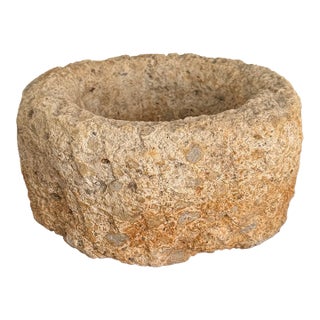 Vintage Rustic Carved Stone Bowl Planter For Sale