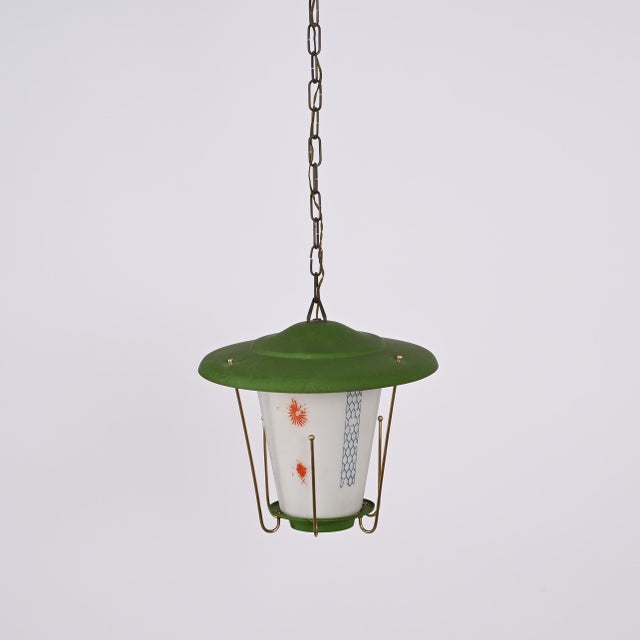 Green Mid-Century Italian Round Opaline Glass and Brass Green Lantern Chandelier, 1950s For Sale - Image 8 of 18