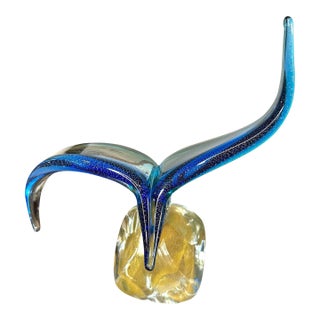 Murano Bird Art Glass Sculpture With Blue & Gold Aventurine by Sandro Frattini, 21/70 For Sale