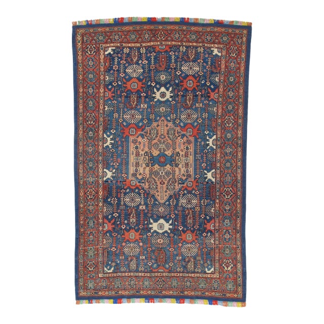 Antique Senneh with Multicolored Silk Warp Handmade Ivory, Red & Light Blue Rug For Sale