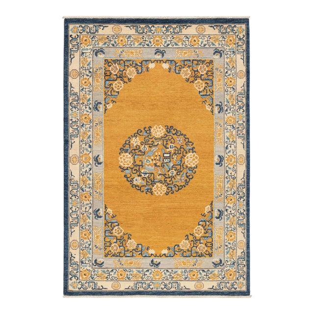 Rug & Kilim’s Art Deco Rug in Gold With Medallion and Floral Patterns For Sale