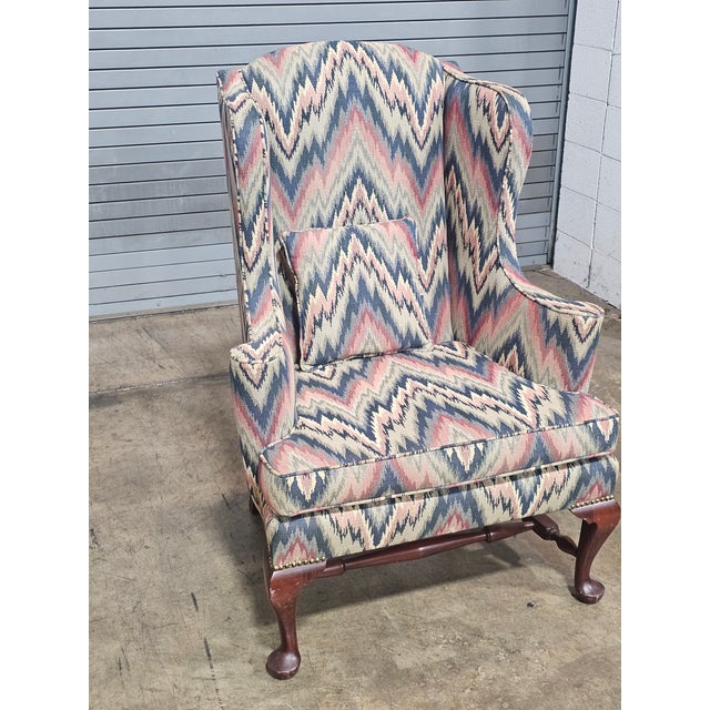 Mahogany Williamsburg Queen Anne Style Wing Back Chair New Flame Stitch Fabric For Sale In Cleveland - Image 6 of 9