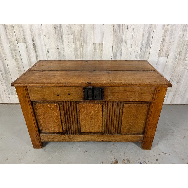 Rustic country French coffer used for storage of linens and blankets. Beautiful French oak with forged iron lock, there is...