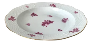 Herend Chinese Bouquet Pink Oversized 9.75” Rimsoup Plate - Handpainted With Gilt Rim
