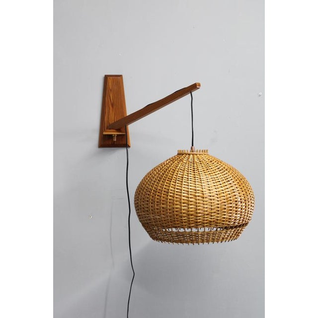 Mid-Century Adjustable Wooden Wall Lamp with Rattan Shade, 1970s For Sale - Image 4 of 13