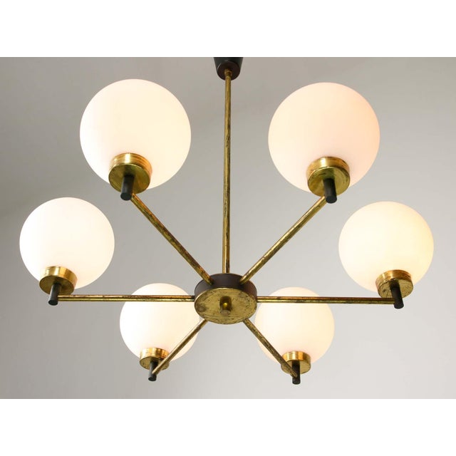 Mid-Century Modern Italian Brass and Opaline Chandelier For Sale - Image 6 of 16
