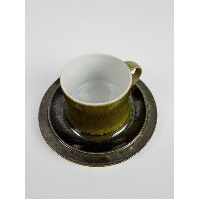 Gold Mid-Century Scandinavian Olive Green Glazed Cups and Saucers, 1970s, Set of 12 For Sale - Image 8 of 18