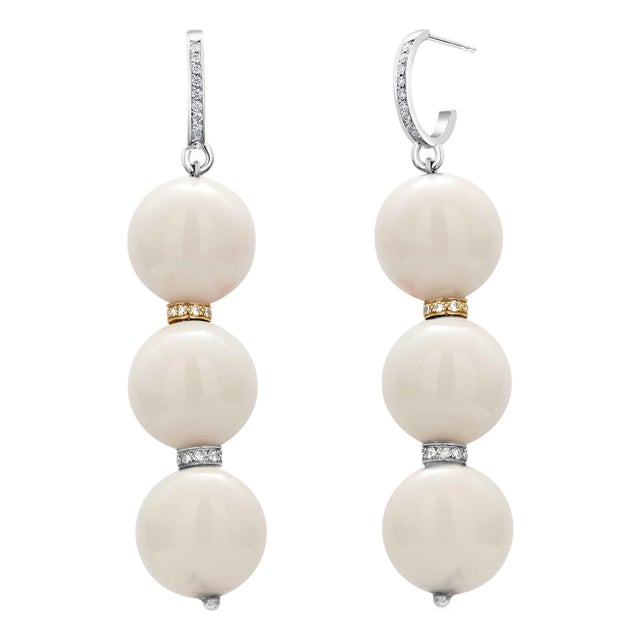 White Coral 0.50 Inch Wide Diamond Rondels 0.45 Carat Gold 2.75 Inch Earrings, Pair For Sale