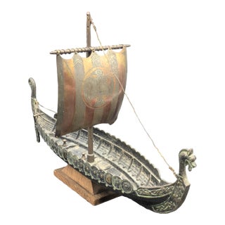 Vintage Bronze & Brass Viking Ship Sculpture on Stand For Sale