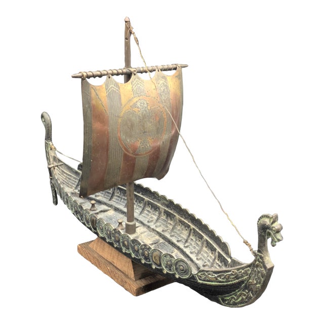 Vintage Bronze & Brass Viking Ship Sculpture on Stand For Sale