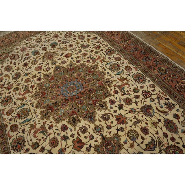 1940s 1940s Beige Mid Century Modern Medallion Tabriz Handknotted Silk Highlights Rug For Sale - Image 5 of 7