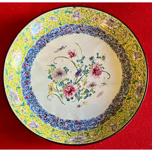 Yellow Antique 18th C. Chinese Qianlong Period (1736 - 1795) Canton Dish Painted Enamel on Copper With Flowers, Cricket and Bat For Sale - Image 8 of 13