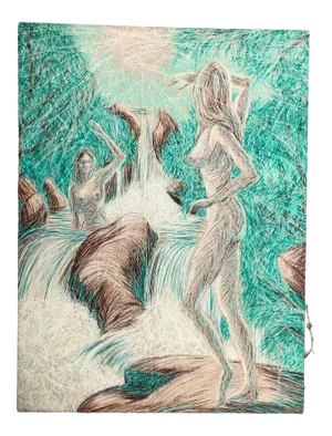 Original Vintage Large Abstract Female Nudes in Waterfall Signed Sawyer 1970’s 30 X 40