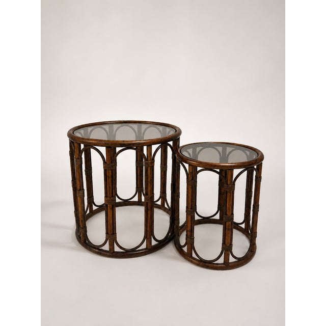 Mid-Century Modern Vintage Mirror and Bamboo Side Tables with Smoked Glass, 1970s, Set of 3 For Sale - Image 3 of 8