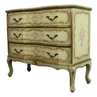 Venetian Baroque Green Lacquered Hand-Painted Floral Three-Drawer Chest, 1950s For Sale
