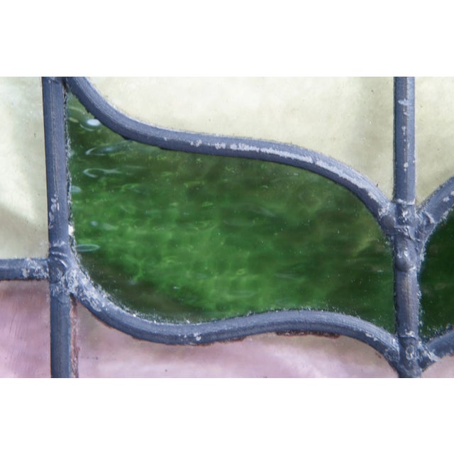 Pink Antique Victorian Floral Leaded Stained Architectural Glass Window Panel For Sale - Image 8 of 11