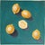 A small, unframed oil on paper study of a grouping of fresh lemons on a turquoise background. Painted by Lara Felsing.