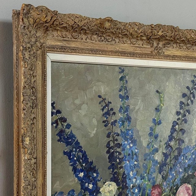 Antique Framed Oil Painting on Canvas by Lucien Hock (1899-1972), Floral Still Life in Delft Pot, Dated 1949 For Sale - Image 15 of 17