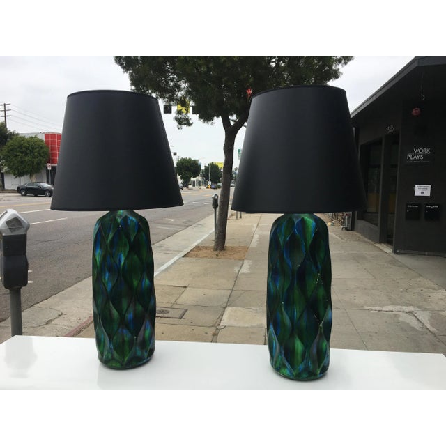 Pair of Tall Mid-Century Iridescent Ceramic Table Lamps – Blue & Green Glaze With Custom Shades For Sale - Image 11 of 12