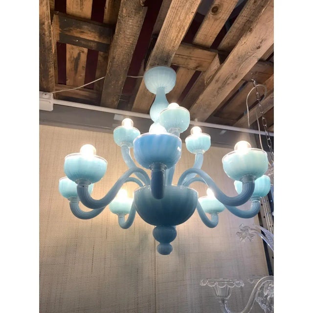 Glass Contemporary Matte Light-Blue Murano Style Glass Chandelier For Sale - Image 7 of 11