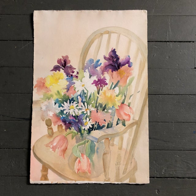 1970s Original Vintage Watercolor Painting Still Life With Flowers on Chair For Sale - Image 5 of 5