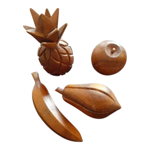 1990s Hand-Carved Wood Fruits- Set of 4